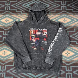 Jujutsu Kaisen Anime Hoodie Mens S Gray Acid Wash Graphic Manga Urban Streetwear